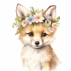 Watercolour Animal Clipart Cute Baby fox on white background