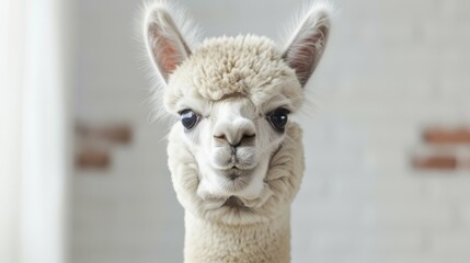 Closeup portrait of a fluffy white Alpaca with a serene expression and detailed wool texture - obrazy, fototapety, plakaty