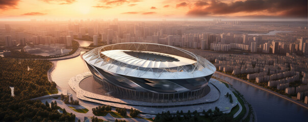 Modern new soccer stadium in evening sunset light, top view.