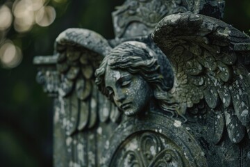 Detailed view of a serene angel statue, suitable for religious and memorial themes