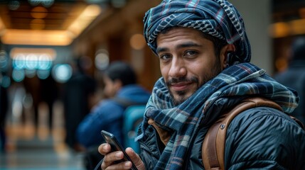 handsome middle eastern man at airport terminal outdoor entrance. Smiling Arab businessman using phone while standing near terminal entrance. - obrazy, fototapety, plakaty