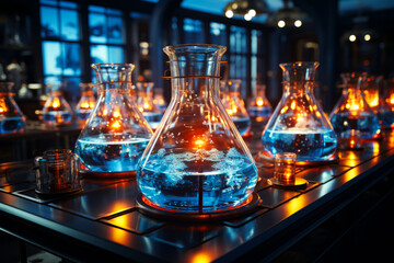 Laboratory glassware filled with blue liquid and glowing blue globe