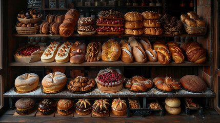 Display case showcasing a variety of baked goods and pastries - obrazy, fototapety, plakaty
