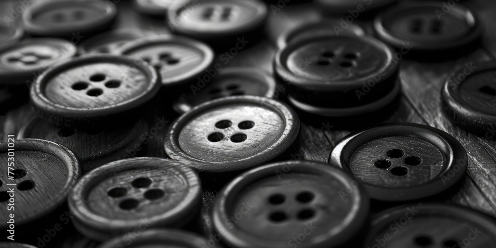 Poster A pile of buttons on a wooden table. Perfect for crafting projects