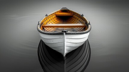   A boat with a wooden oar floats on a body of water
