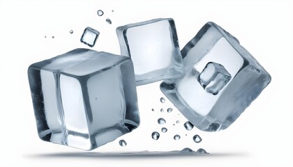 Three falling ice cubes, cut out on transparent white background