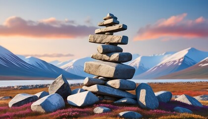 A minimalist Inukshuk made of piled stones pointing the way across the Alaskan tundra