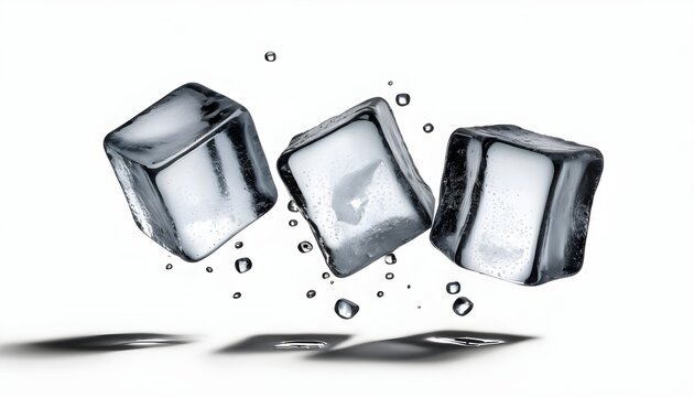 Three falling ice cubes, cut out on transparent white background