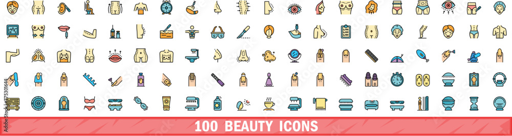 Wall mural 100 beauty icons set. color line set of beauty vector icons thin line color flat on white - Wall murals