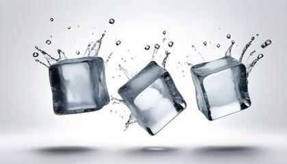 Three falling ice cubes, cut out on transparent white background