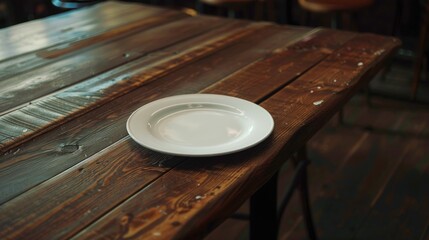 Fototapeta premium A white plate on a wooden table, suitable for food or kitchen concepts
