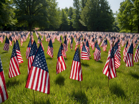 A display design featuring a large group of American flags in honour of Veterans or Memorial Day.