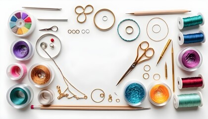 Various craft supplies on white background. Supplies for jewelry making, drawing and needlework. Flat lay.