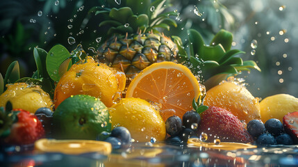 An assortment of fruits and berries are floating in the liquid
