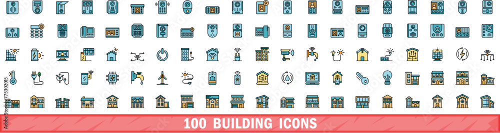 Aufkleber 100 building icons set. color line set of building vector icons thin line color flat on white