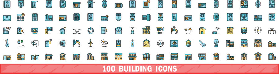 100 building icons set. Color line set of building vector icons thin line color flat on white