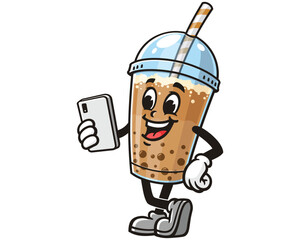 Bubble tea holding gadget cartoon mascot illustration character vector clip art hand drawn