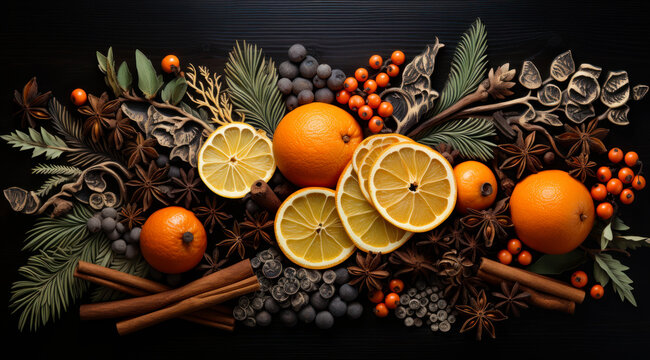 Christmas decoration with dried oranges cinnamon sticks anise stars cloves bay leaves and fir cones on black wooden background