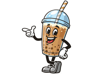 Bubble tea with pointing finger cartoon mascot illustration character vector clip art hand drawn