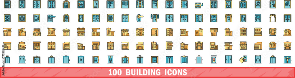 Aufkleber 100 building icons set. color line set of building vector icons thin line color flat on white