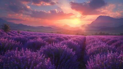 Twilight lavender fields  realistic landscape with warm tones and detailed artistry