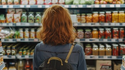 Woman browsing canned goods in grocery store, suitable for food and shopping concepts - obrazy, fototapety, plakaty