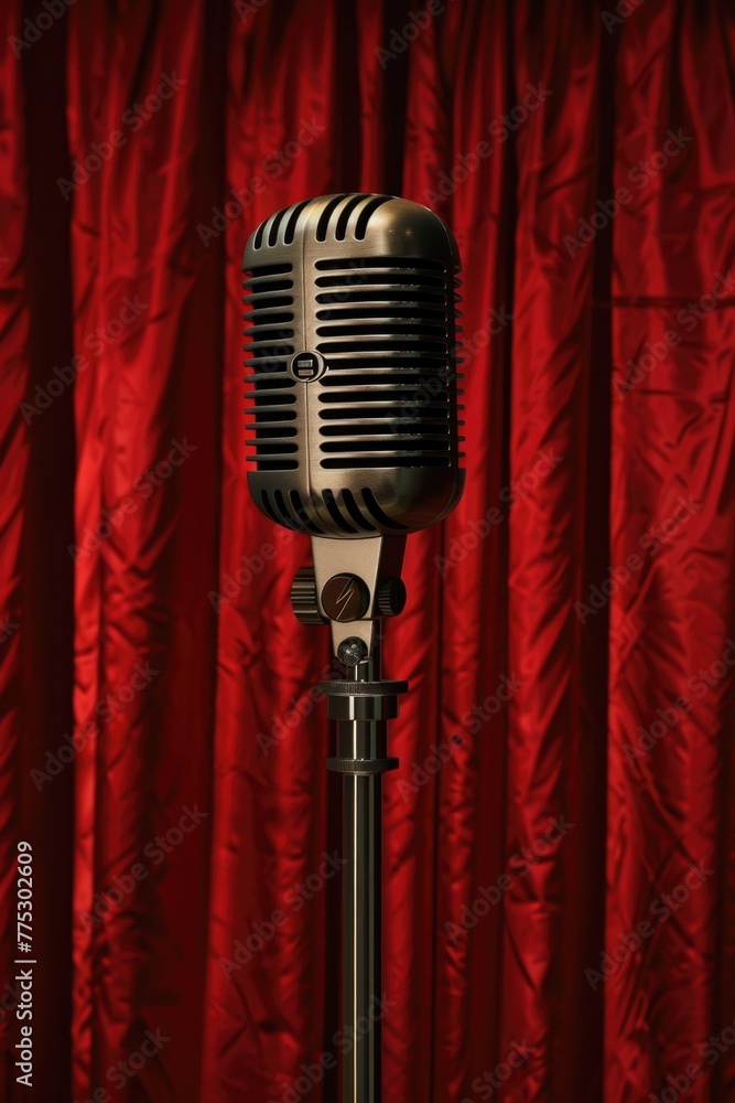 Poster a microphone set up on a stand in front of a vibrant red curtain. ideal for music performances or pu