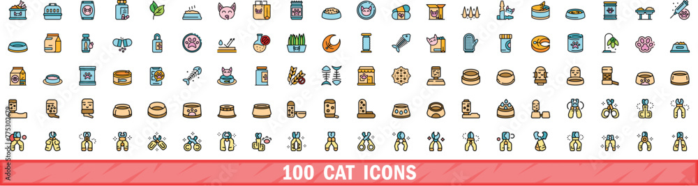 Poster 100 cat icons set. color line set of cat vector icons thin line color flat on white