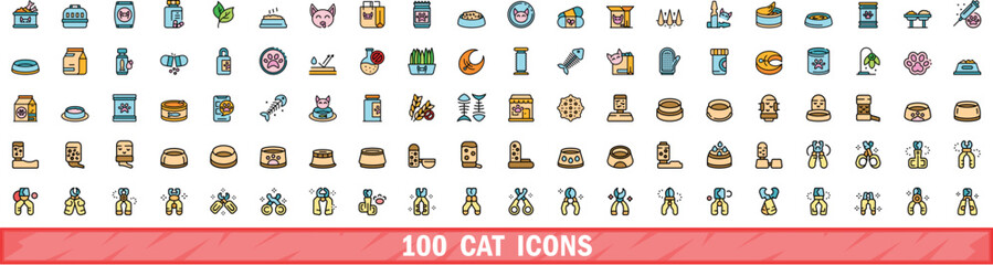 100 cat icons set. Color line set of cat vector icons thin line color flat on white