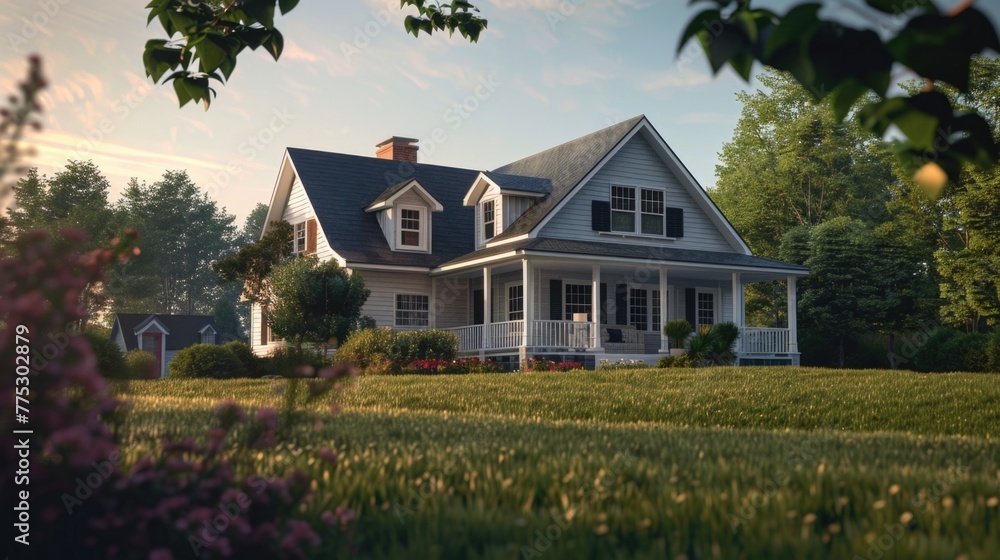 Poster a spacious house with a porch and covered area. ideal for real estate or architecture concepts