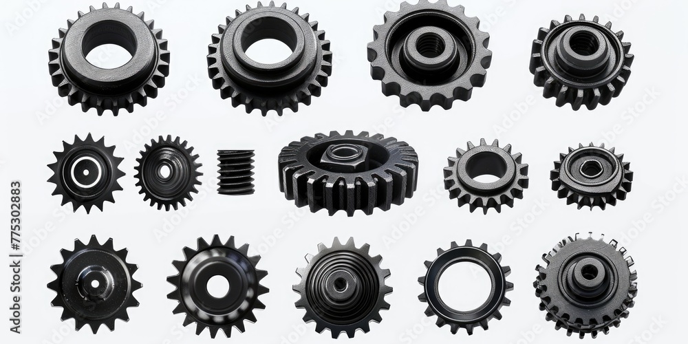 Poster various gears displayed on a white background, ideal for engineering concepts