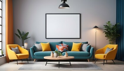 mock up poster frame in modern interior fully furnished rooms background, living room, 