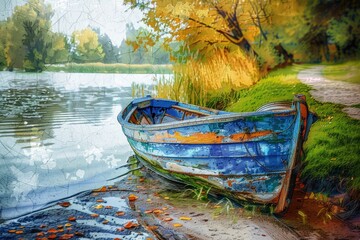 A blue boat sitting on the shore of a peaceful lake. Suitable for travel or nature concepts - Powered by Adobe