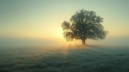   A lone tree stands tall amidst a misty field as the sunlight filters through the leaves and casts a soft glow on the surrounding grass