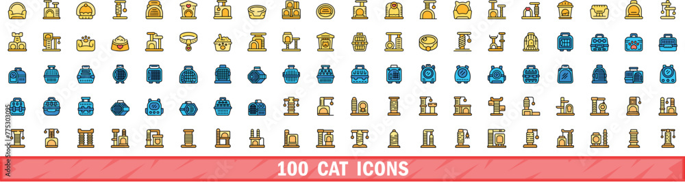 Poster 100 cat icons set. color line set of cat vector icons thin line color flat on white