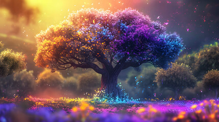 Colorful Tree with a Multi-colored Forest in the Background - obrazy, fototapety, plakaty