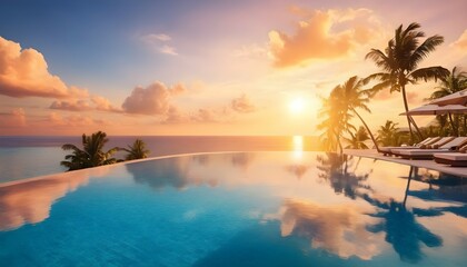 Luxury sunset over infinity pool in a summer beachfront hotel resort at tropical landscape. Tranquil beach holiday vacation background mood. Amazing island sunset beach view, palms swimming pool 