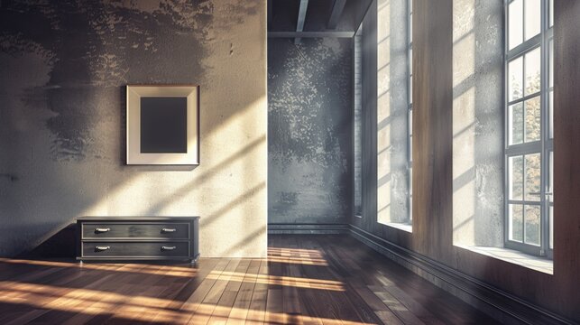 An empty room with a dresser and a picture on the wall. Suitable for interior design concepts