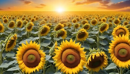 Field of blooming sunflowers on a background blue sky