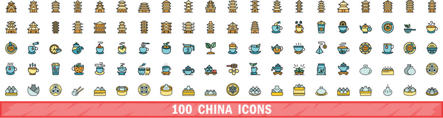 100 china icons set. Color line set of china vector icons thin line color flat on white - obrazy, fototapety, plakaty