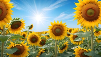 Field of blooming sunflowers on a background blue sky