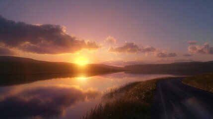 A breathtaking scene capturing the quietude of a lake and the solitude of a road at sunset.