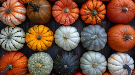   A cluster of pumpkins arranged on a wooden table beside more pumpkins