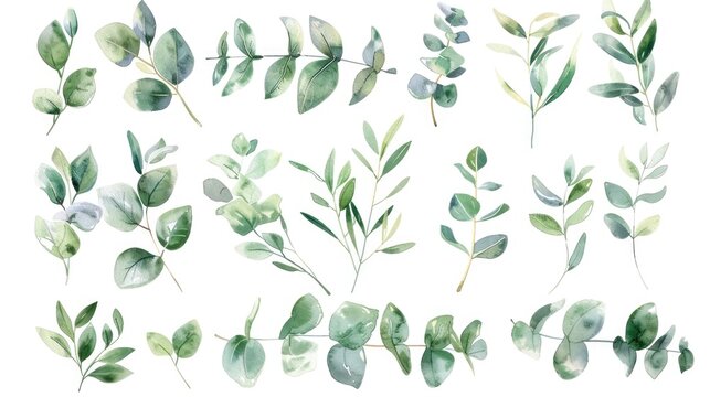 Watercolor green leaves on white background, ideal for nature and botanical designs