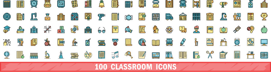 100 classroom icons set. Color line set of classroom vector icons thin line color flat on white