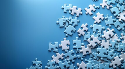 Multiple white jigsaw puzzle pieces on a blue background, representing the idea of finding solutions.