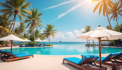 Happy tourism holiday landscape. Luxury beach resort hotel swimming pool, leisure beach chairs under umbrellas palm trees, blue sunny sky. Summer island seaside, relax mood travel vacation background
