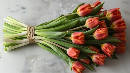   A white countertop with a cluster of green stems and red tulip petals arranged neatly - obrazy, fototapety, plakaty