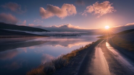 A breathtaking scene capturing the quietude of a lake and the solitude of a road at sunset. - obrazy, fototapety, plakaty