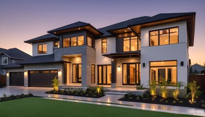 New Contemporary Style Luxury Home Exterior at Twilight